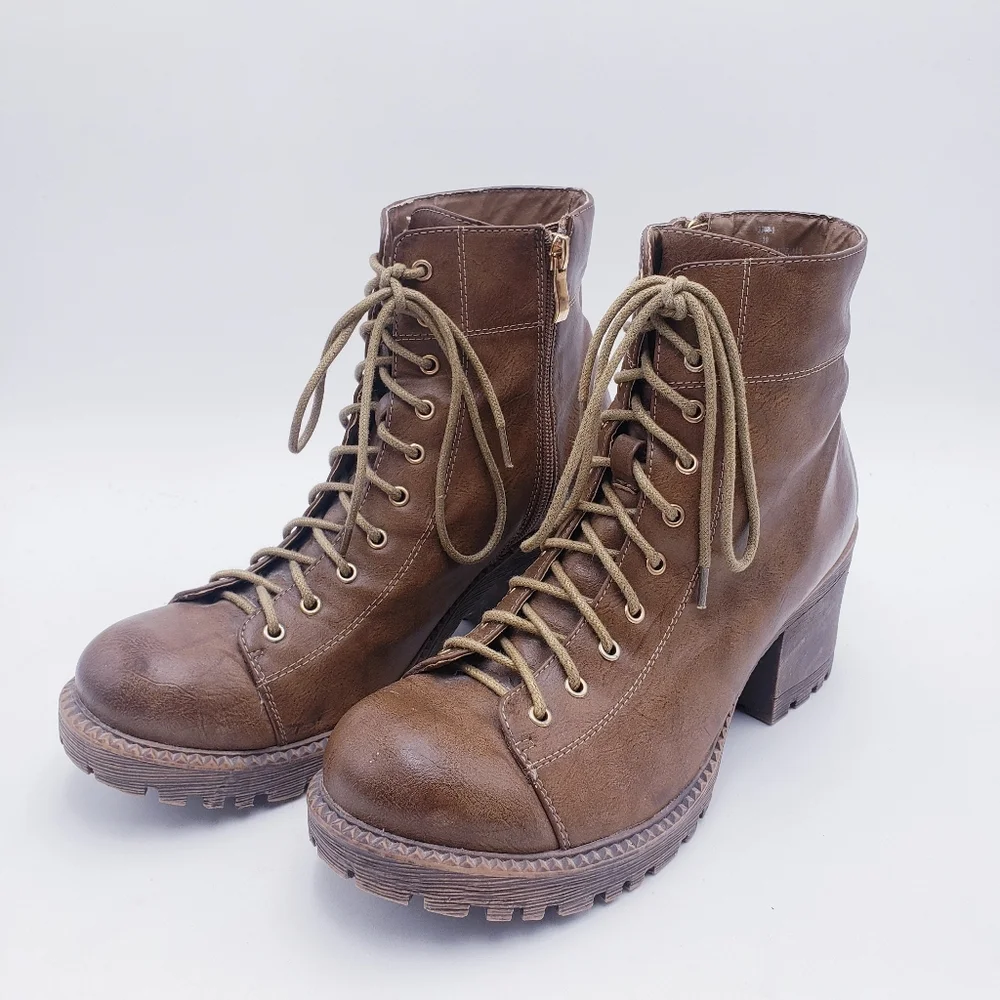 Vintage 90s Y2K Platform Lace Up Boots Chunky Brown Faux Leather Women's Size 10
